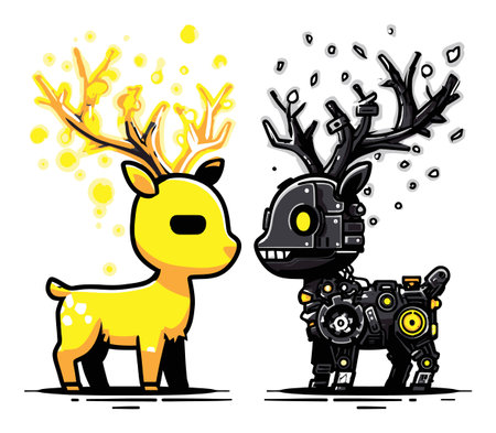 This colorful cartoon features two charming deer characters, one yellow with vibrant antlers and another black with robotic elements, showcasing a playful fusion of nature and technology.のイラスト素材