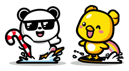 Two cheerful cartoon animals, a panda and a yellow bird, are enjoying a sunny summer day surfing on colorful waves, radiating joy and fun.のイラスト素材