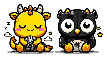 A charming illustration featuring a cute yellow dragon playfully knitting with yarn alongside an adorable black owl, embodying friendship and joy in a vibrant cartoon style.のイラスト素材