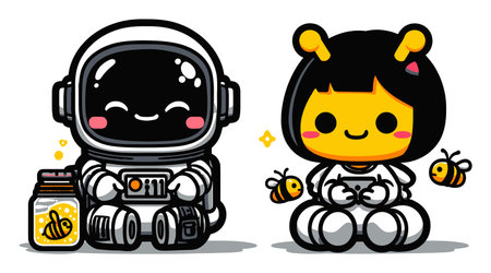 This vibrant cartoon features a cute astronaut and a bee girl sharing a joyful moment while gaming. Perfect for children's themes and creative projects.のイラスト素材