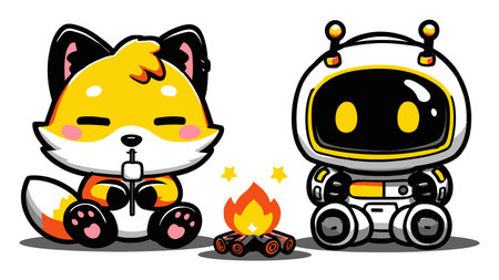 Adorable cartoon fox and friendly robot sitting by a cozy campfire, enjoying a whimsical outdoor adventure. Perfect for children's themes and playful designs.のイラスト素材