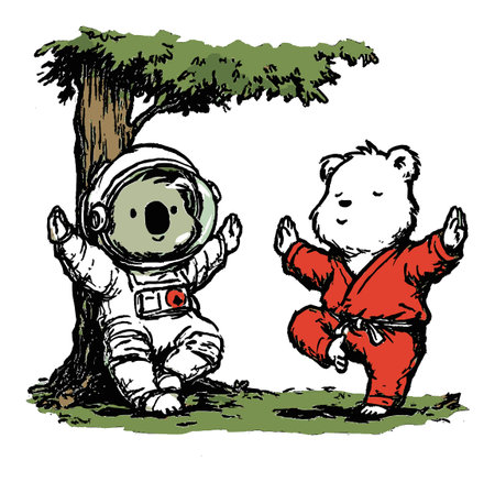 A whimsical illustration featuring a koala in a space suit and a bear practicing yoga under a tree, capturing a moment of tranquility and fun in nature.のイラスト素材