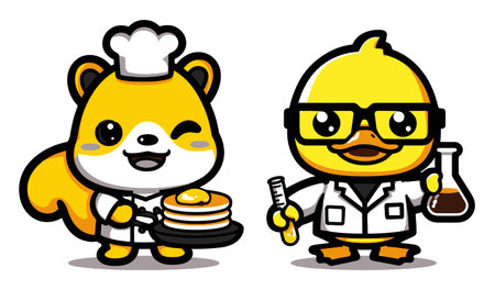 Playful cartoon characters featuring a cheerful chef squirrel serving pancakes and a scientist duck with glasses holding a test tube, perfect for kids' themes.のイラスト素材