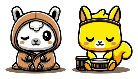 Two adorable cartoon animals in cozy outfits sit playing drums. The panda-like character wears a warm hoodie, while the yellow animal exudes cheerfulness. Perfect for children's designs.のイラスト素材