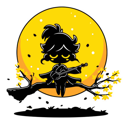 This vibrant cartoon showcases a whimsical character playing a musical instrument on a tree branch against a bright yellow moon, evoking creativity and peace.のイラスト素材