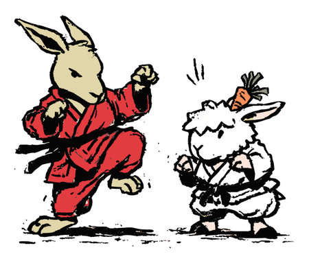 Whimsical illustration of a rabbit and sheep engaged in playful martial arts, showcasing dynamic poses and vibrant colors. Perfect for lively art projects!のイラスト素材