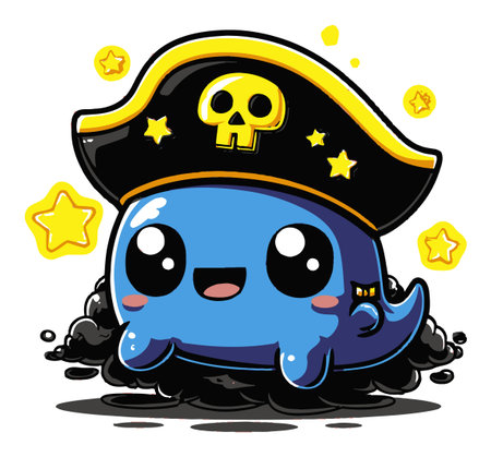 Whimsical cartoon octopus character dressed as a pirate, featuring a cute smile, wearing a stylish hat with a skull and surrounded by shining stars. Perfect for children's themes!のイラスト素材