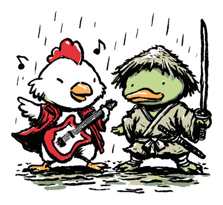 Whimsical illustration of a chicken playing guitar and a duck in samurai attire amidst the rain, radiating a playful musical atmosphere.のイラスト素材