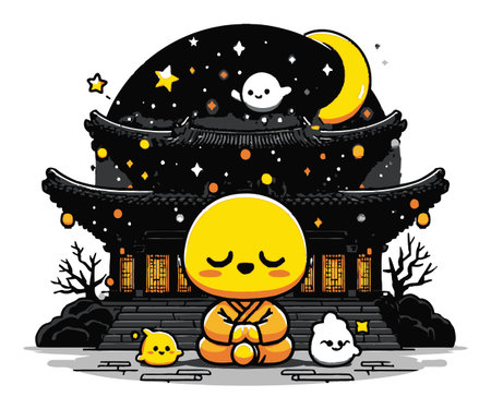 A cheerful cartoon scene depicting a yellow monk meditating peacefully in front of a temple under a starry night. Mystical creatures float nearby, enhancing the tranquil atmosphere.のイラスト素材