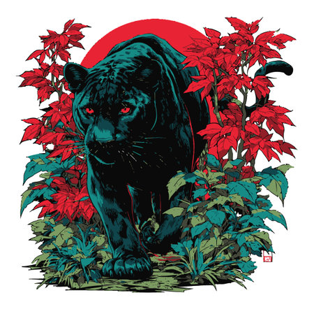 This stunning illustration features a bold silhouette of a panther against a vibrant backdrop of red foliage and lush greenery, capturing the essence of wildlife artistry.のイラスト素材