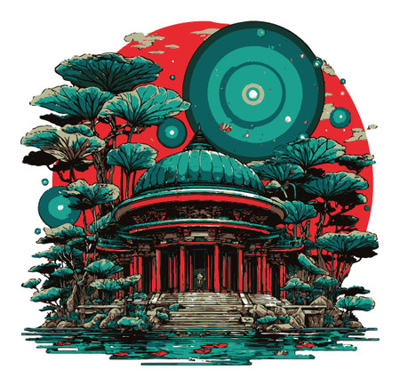 This stunning illustration features a vibrant silhouette of a temple embraced by lush trees and dynamic circular patterns, creating an imaginative and captivating scene.のイラスト素材