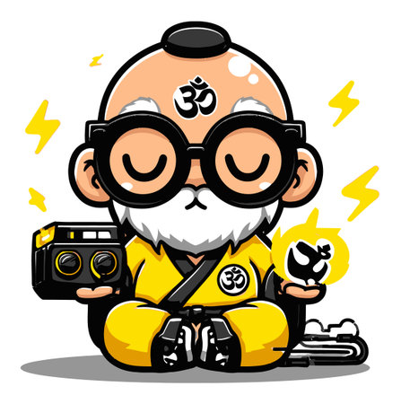 Adorable cartoon of a wise old man meditating with modern accessories. Featuring bright colors and joyful expression, this character blends tradition with fun elements.のイラスト素材