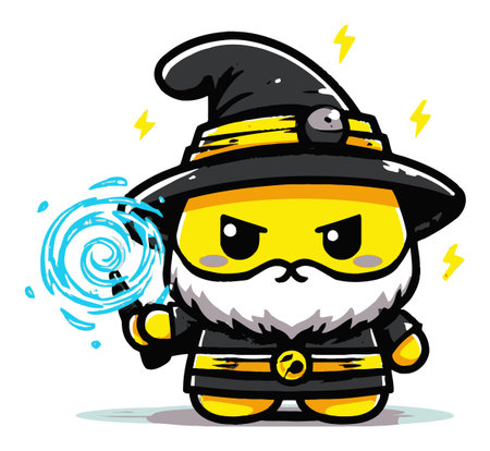 Delightful cartoon wizard character showcasing a fun design with a magical wand and lightning elements. Perfect for whimsical themes and fantasy art needs.のイラスト素材
