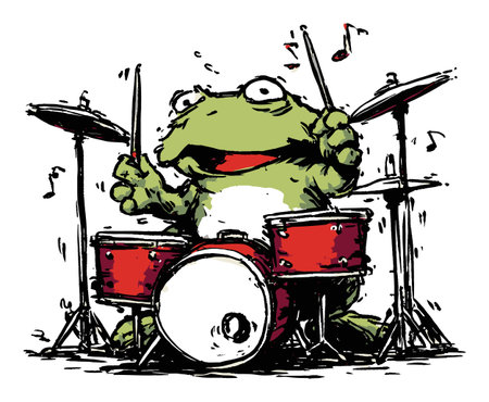 This whimsical illustration features a cheerful frog enthusiastically drumming on a vibrant red drum set, surrounded by playful music notes. Ideal for art lovers!のイラスト素材