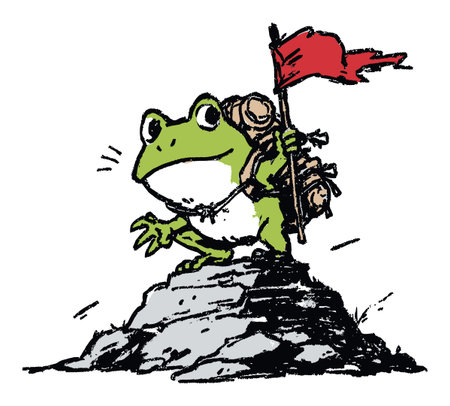 This charming illustration features an adventurous frog with a backpack, waving a red flag atop a rocky terrain, symbolizing exploration and adventure in nature.のイラスト素材