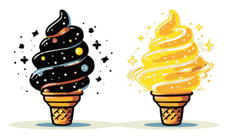 Two vibrant cartoon ice cream cones feature swirling black and yellow ice cream, adorned with colorful sprinkles, offering a whimsical touch to any sweet treat design.のイラスト素材