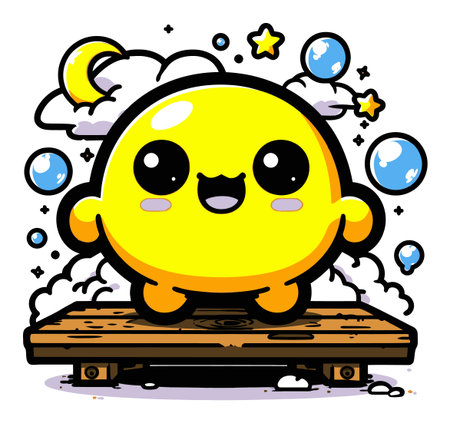 A cute yellow cartoon character stands joyfully on a wooden platform, surrounded by playful clouds, stars, and bubbles, creating a vibrant and happy atmosphere.のイラスト素材