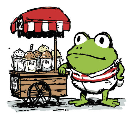 A whimsical cartoon frog stands proudly beside an ice cream cart. This playful illustration captures the joy of summer treats, perfect for fun designs.のイラスト素材