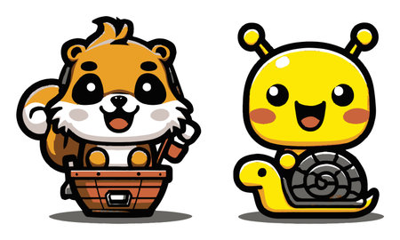 Delightful cartoon characters featuring a cheerful squirrel and a happy snail. Perfect for children's content, illustrations, or playful designs that inspire joy.のイラスト素材