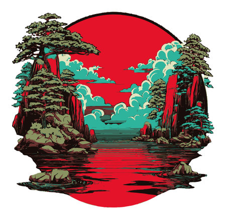 A striking illustration featuring a silhouette landscape of mountains, trees, and water. Bold red and turquoise colors create a vibrant, serene atmosphere, perfect for wall art.のイラスト素材