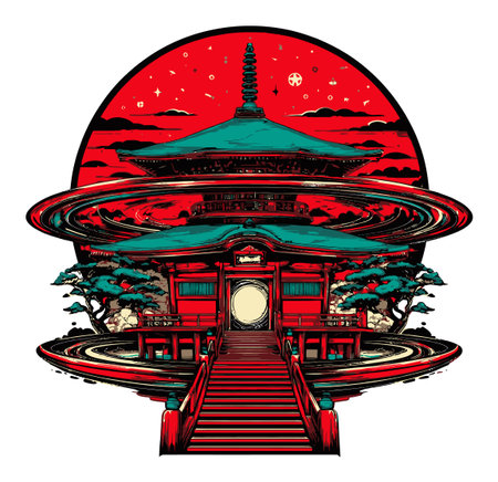 Discover a striking silhouette art piece featuring a traditional temple in a vibrant cosmic landscape, combining deep red and teal colors for a captivating visual experience.のイラスト素材