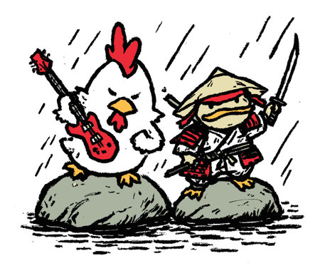 A whimsical illustration features a chicken with a guitar and a duck wielding a sword, both standing on stones in the rain. Ideal for playful themes.のイラスト素材