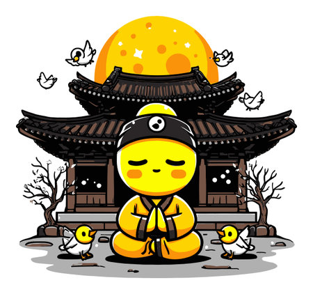This vibrant cartoon features a cute yellow character meditating peacefully near a traditional pavilion. Surrounding birds add charm to this delightful illustration of tranquility and happiness.のイラスト素材
