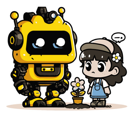 A charming cartoon scene featuring a happy yellow robot beside a girl admiring a flower in a pot. Perfect for themes of friendship and creativity.のイラスト素材