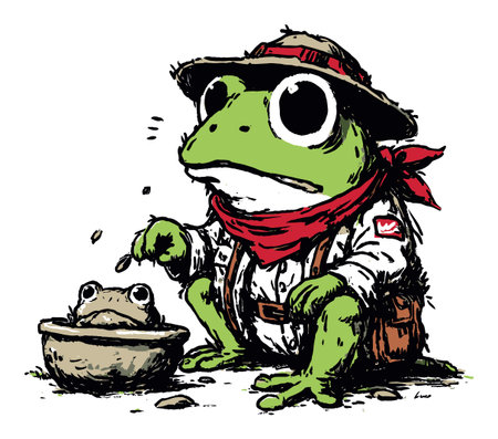This charming illustration features a whimsical frog character wearing a hat and scarf, engaged in an artistic pottery activity outdoors. Perfect for nature and art themes.のイラスト素材
