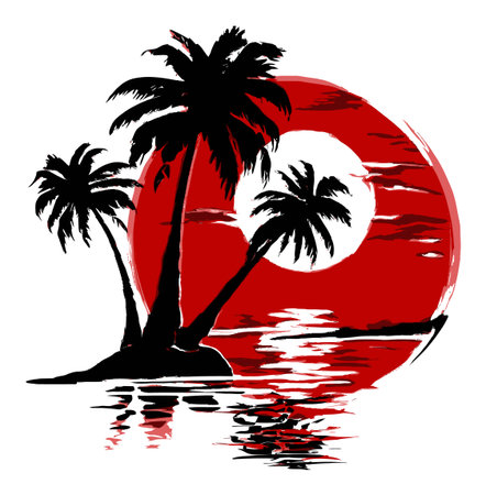 A striking illustration of a tropical island silhouette featuring palm trees against a bold red sun. The serene scene reflects tranquility and relaxation, perfect for summer themes.のイラスト素材