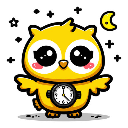 This lively cartoon owl features a cheerful expression while holding a clock, set against a night sky filled with stars and a crescent moon. Ideal for playful designs!のイラスト素材