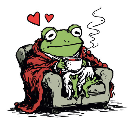 A charming illustration of a cozy frog wrapped in a blanket, holding a cup of a warm beverage, exuding feelings of love and comfort. Perfect for cozy themes.のイラスト素材