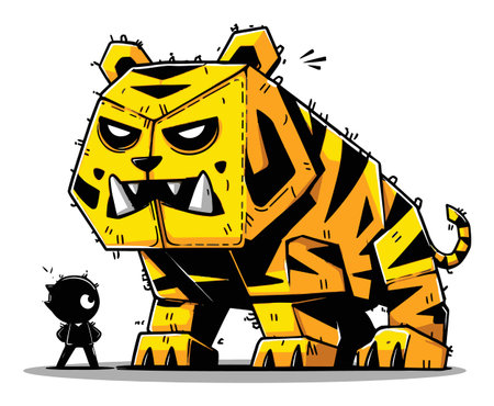 Fun and imaginative cartoon of a large yellow tiger character with a quirky human figure. Bold lines and vibrant colors create a playful and whimsical vibe.のイラスト素材