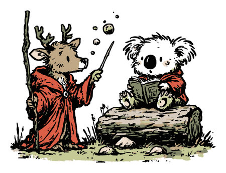 Delightful illustration of a deer and a koala sharing a magical storytelling moment in the forest, showcasing creativity and whimsy in a playful art style.のイラスト素材