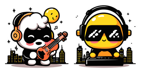 This vibrant cartoon illustration features cute animal characters playing music. The playful panda strums a violin, while the cheerful yellow character uses a keyboard, set against a city skyline.のイラスト素材