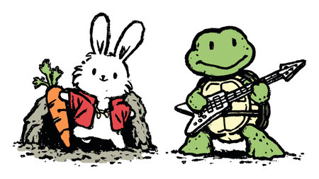 Adorable illustration featuring a rabbit with a carrot and a turtle playing an electric guitar, perfect for children's themes and playful art.のイラスト素材