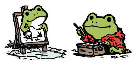 A whimsical cartoon frog artist creates art in nature. One frog holds a drawing on an easel, while the other sketching on a block, showcasing creativity.のイラスト素材