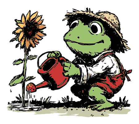 A delightful hand-drawn illustration of a friendly frog watering a sunflower with a bright red watering can. This colorful art piece captures the joy of gardening and nature.のイラスト素材
