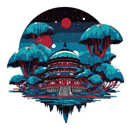 This captivating silhouette features a serene pagoda surrounded by vibrant trees under a starry night sky. The colorful reflection in the water enhances the artistic composition.のイラスト素材