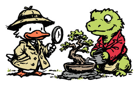 Charming cartoon characters, a duck with a magnifying glass and a dinosaur, nurture a bonsai tree, capturing whimsy and creativity in this colorful artistic illustration.のイラスト素材