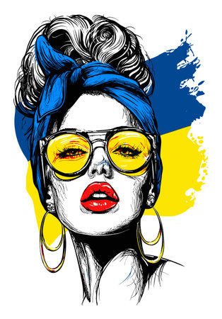 This vibrant hand-drawn illustration captures a stylish woman with a chic headscarf and bold sunglasses, showcasing modern beauty and artistic flair.のイラスト素材