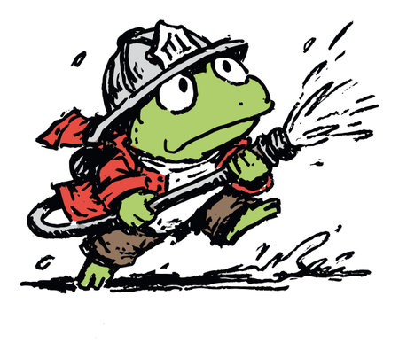 This charming hand-drawn illustration features a playful frog dressed as a firefighter, energetically carrying a hose. Perfect for kids' themes and whimsical art.のイラスト素材