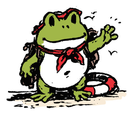This charming illustration features a whimsical frog character with a playful demeanor. The frog wears a red bandana and a backpack, greeting viewers with a friendly wave.のイラスト素材