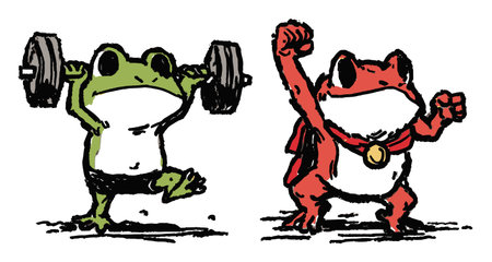 Delightful hand-drawn illustration featuring two frogs: one lifting weights and the other celebrating with a medal, embodying fun and motivation in fitness.のイラスト素材