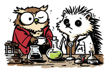 Colorful illustration of an owl and a hedgehog in lab coats mixing potions in a laboratory setting. Perfect for educational or fun-themed projects.のイラスト素材