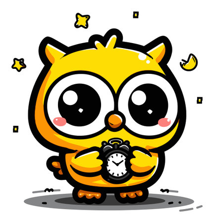 This charming cartoon owl character is depicted in vibrant yellow, holding a clock. With its oversized eyes and playful expression, it radiates joy and fun, surrounded by stars. Perfect for children's designs and cheerful decor.のイラスト素材