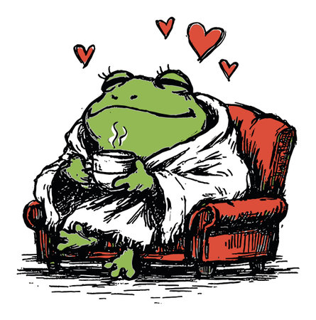 A delightful illustration of a relaxed frog enjoying a warm drink while seated in a cozy chair, wrapped in a blanket, surrounded by heart symbols.のイラスト素材