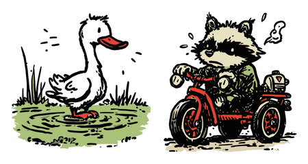 Charming hand-drawn illustration featuring a duck and a raccoon in a playful scene. Perfect for children's books, animations, and fun projects.のイラスト素材
