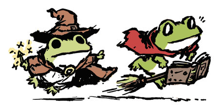 Enjoy this vibrant hand-drawn illustration featuring playful frog characters in whimsical attire, perfect for fantasy-themed projects or children's art.のイラスト素材