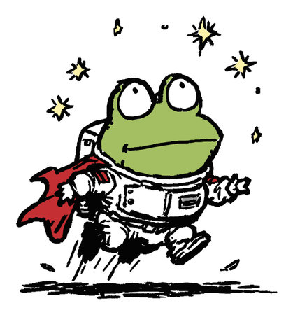 This whimsical illustration features a playful frog dressed as an astronaut, leaping joyfully among shining stars, capturing a sense of adventure and imagination.のイラスト素材